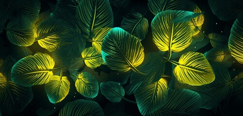 Vibrant neon light design with a lattice of green and yellow leaves on a natural 3D textured surface