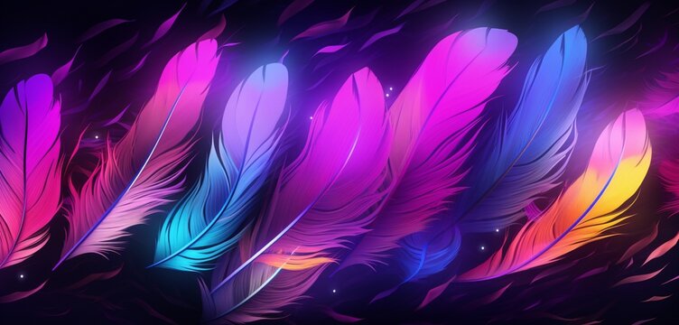 Vibrant neon light design with a series of purple and grey feathers on a feathery 3D texture
