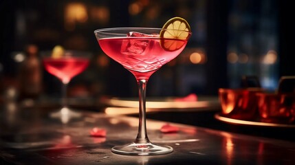 Alcoholic Cosmopolitan cocktail served in an exclusive glass - obrazy, fototapety, plakaty