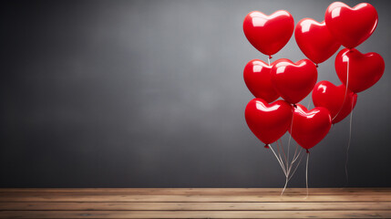 Red heart shaped balloons on a wooden table. Valentines day background.