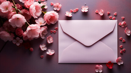 Envelope with pink flowers on a dark background. Valentine's Day