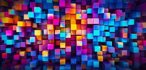 Vibrant neon light graffiti with a patchwork of multicolored squares on a quilted 3D texture - obrazy, fototapety, plakaty