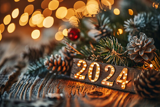 New year and christmas background. Festive decoration with bokeh lights.