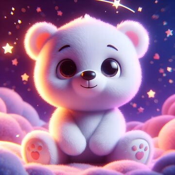 Cute cuddly white teddy bear in 3D.
