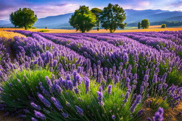 Fototapeta premium Beautiful violet lavender field wallpaper. Generative ai