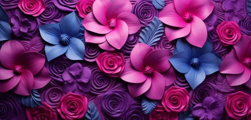 Vibrant tropical floral pattern background with magenta roses and sapphire irises on a 3D limestone wall - obrazy, fototapety, plakaty