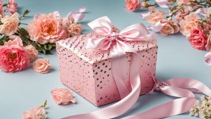 Obraz na płótnie Canvas Gift box with bow and flowers festive