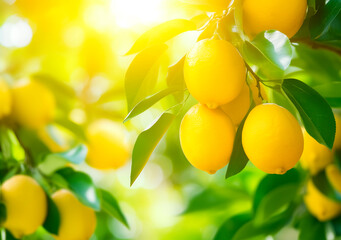 Lemons branch close-up in fruit orchard background with copy space