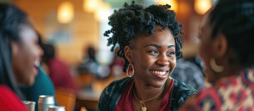 Black female student conversing with a joyful group of peers at university cafeteria.