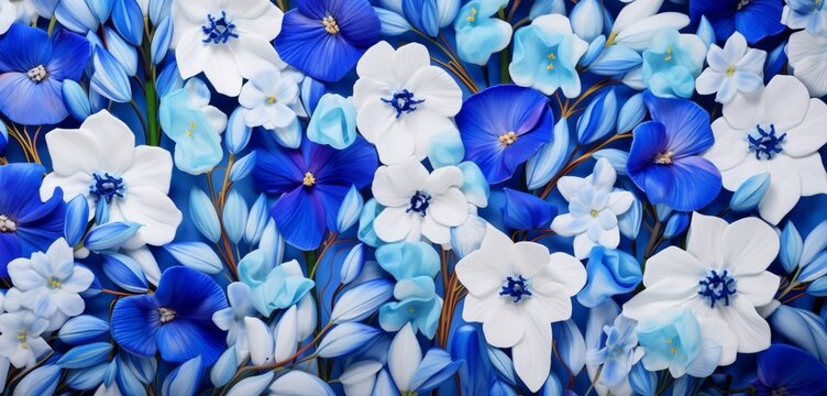 Vibrant tropical floral pattern showcasing blue gentians and white snapdragons on a staggered 3D wall texture