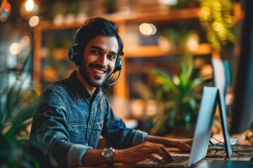 Smiling happy Indian call center agent wearing headset talking to client, contract service telemarketing operator using laptop having conversation working in customer tech assistance support office. - obrazy, fototapety, plakaty
