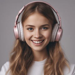 Dziewczyna z różowymi słuchawkami  - obrazy, fototapety, plakaty