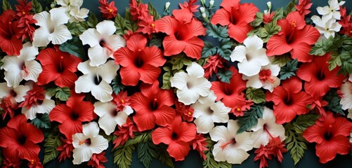 Vibrant tropical floral pattern showcasing red petunias and white snapdragons on a staggered 3D wall texture - obrazy, fototapety, plakaty