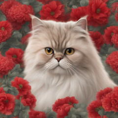 Kot perski w czerwonych kwiatach