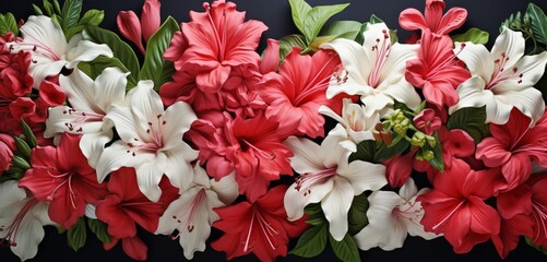 Vibrant tropical floral pattern with red azaleas and white alstroemeria on a paneled 3D wall texture