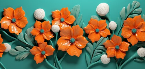 Vibrant tropical floral pattern background with apricot anemones and jade green bamboo shoots on a 3D tile wall