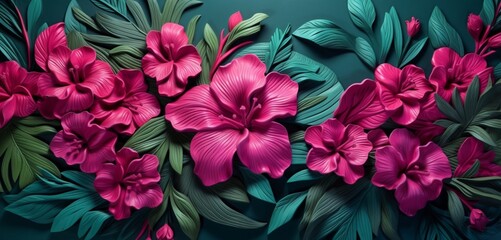 Vibrant tropical floral pattern background with fuchsia peonies and dark green bamboo leaves on a 3D gypsum wall