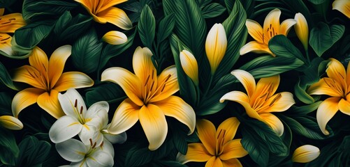 Fototapeta na wymiar Vibrant tropical floral pattern background with lemon chiffon lilies and forest green leaves on a 3D velvet wall