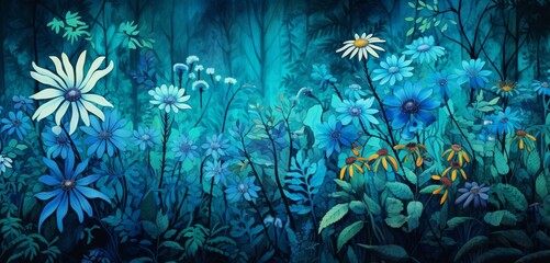Obraz na płótnie Canvas Vibrant tropical floral pattern background showcasing turquoise blue agapanthus and fern green moss on a 3D linoleum wall
