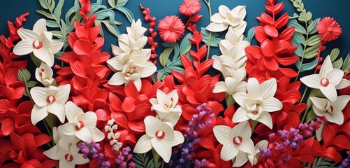 Vibrant tropical floral pattern showcasing red delphiniums and white foxgloves on a crosshatch 3D wall surface