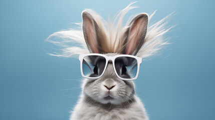 Fashion portrait of an anthropomorphic animal rabbit wearing glasses posing with a charismatic human attitude - obrazy, fototapety, plakaty