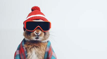 Banner. Cool bunnies wearing glasses and a hat with copy space as a ski resort concept - obrazy, fototapety, plakaty