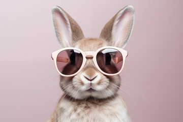 Fototapeta premium Banner. Cool bunny wearing glasses with copy space as business advertising concept, generative AI