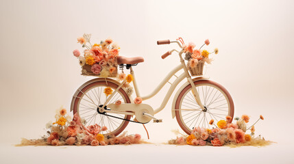 Fototapeta na wymiar bicycle with flowers flying on a studio background. Creative concept of eco-friendly transport, with copy space.