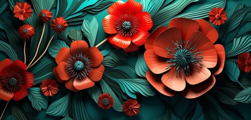 Fototapeta na wymiar Vibrant tropical floral pattern background featuring vermilion poppies and teal ferns on a 3D slate wall