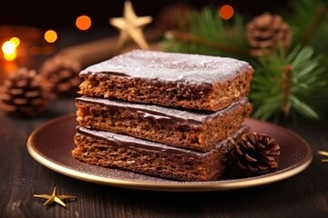 Traditional Polish Desert Piernik, Gingerbread, Layer Biscuit, Pryanik or Sponge Cake with Spices on Black - obrazy, fototapety, plakaty