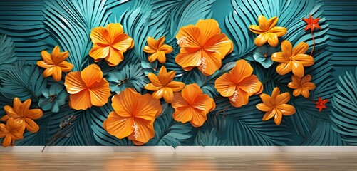 Vibrant tropical floral pattern background with tangerine marigolds and aquamarine ferns on a 3D corrugated metal wall - obrazy, fototapety, plakaty