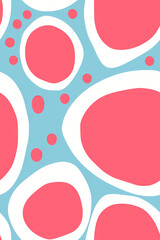 Abstract seamless pattern with pink circles with white outline and pink dots on light blue background. Repeating pattern for background, graphic design, print, interior, packaging paper