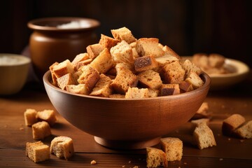 Rye Croutons in Wood Bowl Isolated, Homemade Brown Bread Rusks, Crispy Bread Cubes Pile