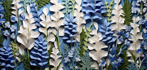 Vibrant tropical floral pattern with blue lupines and white larkspur on a paneled 3D wall texture