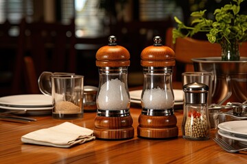 Salt and Pepper Shakers Wooden Table, Salt Container, Spices Jar, Black Pepper Bottle Shakers, Seasoning Mill - obrazy, fototapety, plakaty
