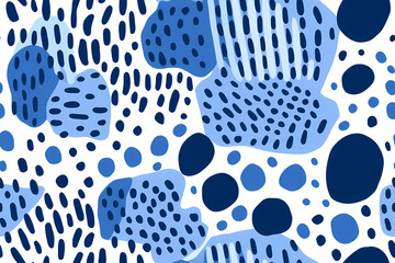 Abstract seamless pattern with hand drawn organic rounded shapes and dots in blue, dark blue colors on white background. Repeating pattern for graphic design, print, interior, packaging paper