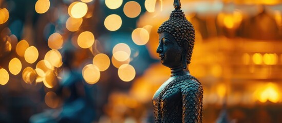 Buddha in Thai temple with bokeh backdrop.