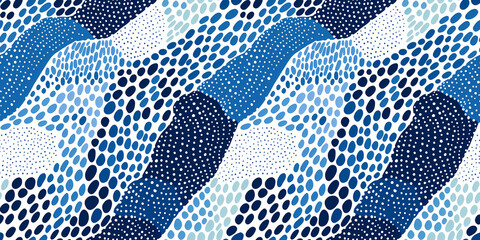 Abstract seamless pattern with hand drawn flowing organic shapes, dots blue and light blue water colors. Repeating pattern for background, graphic design, print, poster, interior, packaging paper