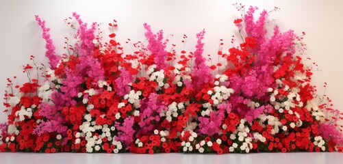 Vibrant tropical floral pattern with red penstemons and white sweet alyssum on a curved 3D wall backdrop