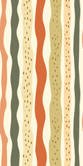 Abstract seamless pattern with hand drawn vertical stripes in Moss Green, Sand Beige, Terracotta colors. Repeating pattern for background, graphic design, print, interior, packaging paper