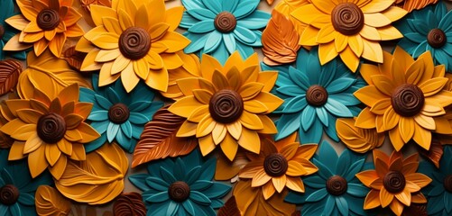 Vibrant tropical floral pattern background with turquoise morning glories and amber sunflowers on a 3D brick wall