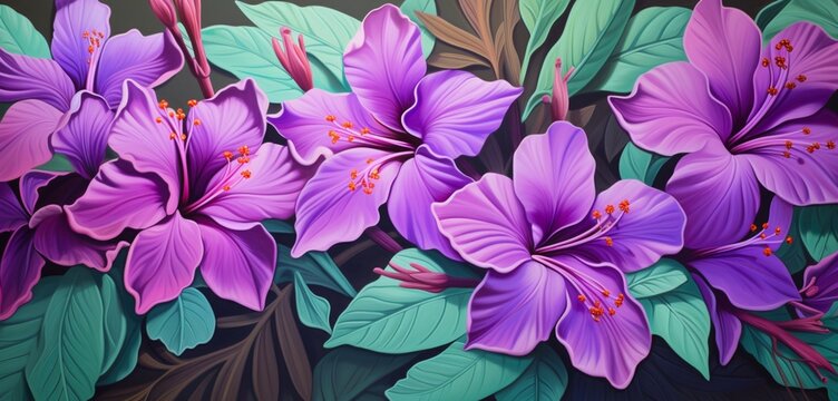 Vibrant tropical floral pattern background with violet azaleas and mint green bamboo on a 3D metallic wall