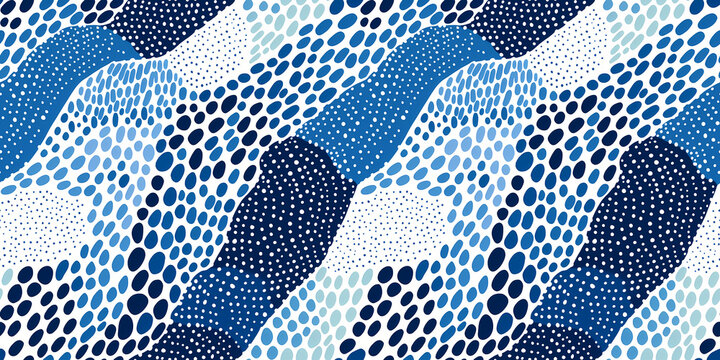 Abstract seamless pattern with hand drawn flowing organic shapes, dots blue and light blue water colors. Repeating pattern for background, graphic design, print, poster, interior, packaging paper