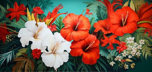 Vibrant tropical floral pattern with red gladioli and white cosmos on a textured 3D wall surface