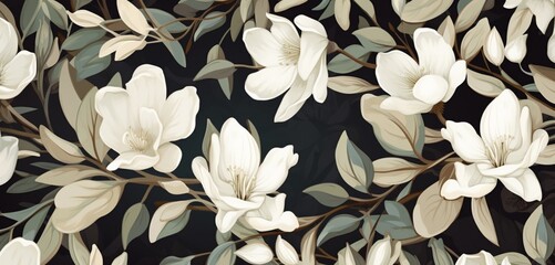 Vibrant tropical floral pattern background showcasing eggshell white magnolias and dark olive branches on a 3D cork wall - obrazy, fototapety, plakaty
