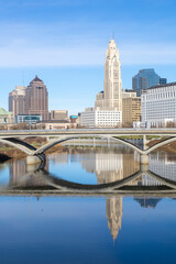 Fototapeta na wymiar Downtown Columbus Ohio skyline reflection on the Scioto River