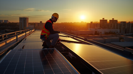 Engineer working setup Solar panel at the roof top. Engineer or worker work on solar panels or solar cells on the roof of business building