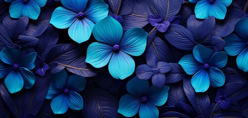 Vibrant tropical floral pattern background featuring sapphire blue violets and dark ferns on a 3D leather wall