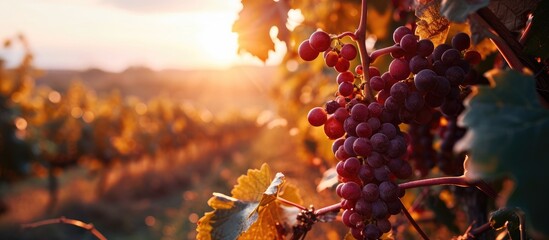 Clusters of ripe red grapes on the vine at sunset. - obrazy, fototapety, plakaty
