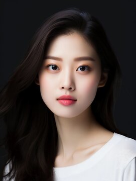Close-up portrait of white and clean young Japanese female beauty model, studio photo, isolated black background, AI generative